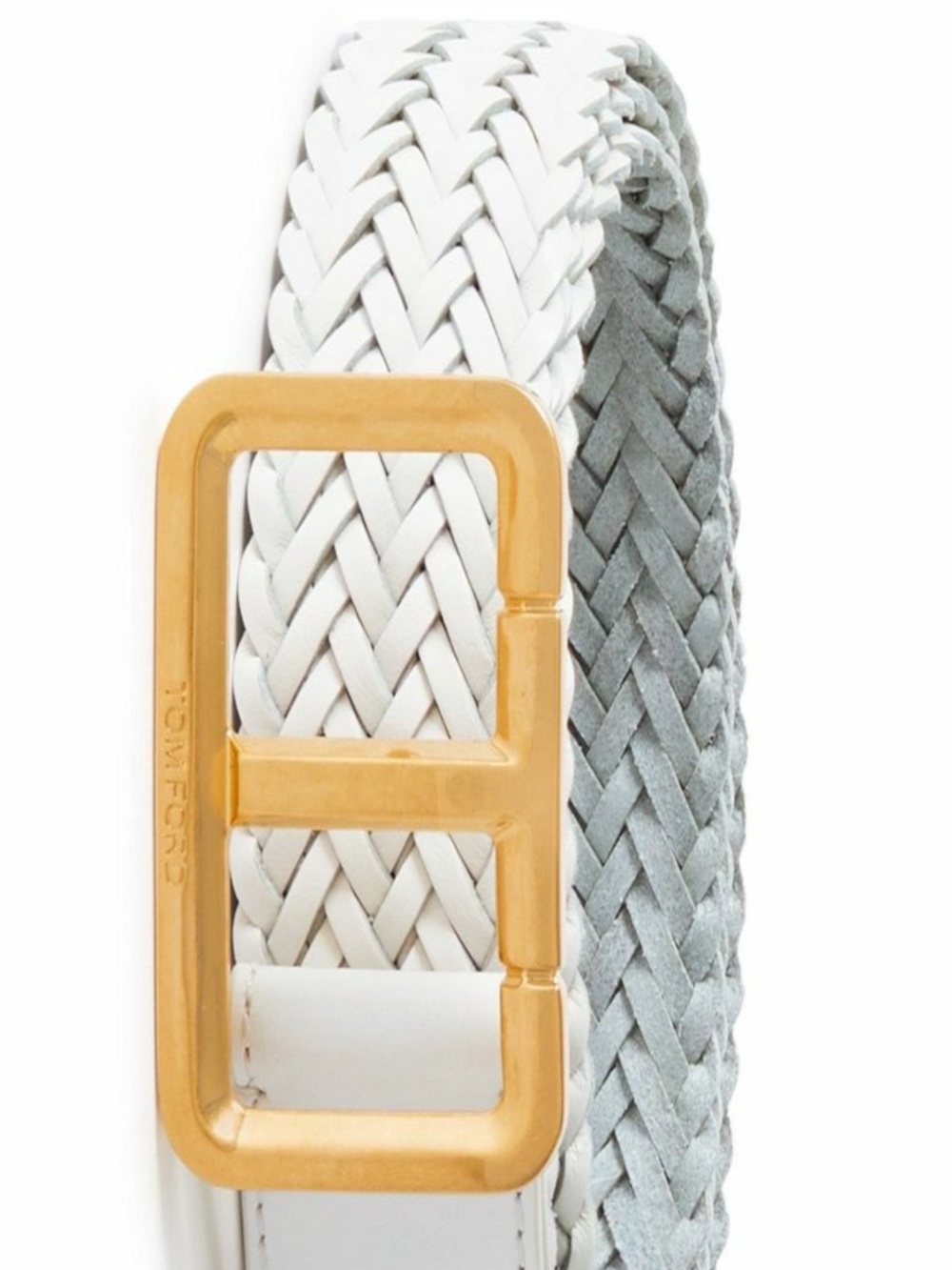 Tom Ford Scored T Logo White Woven Leather Gold Rectangular Buckle Belt